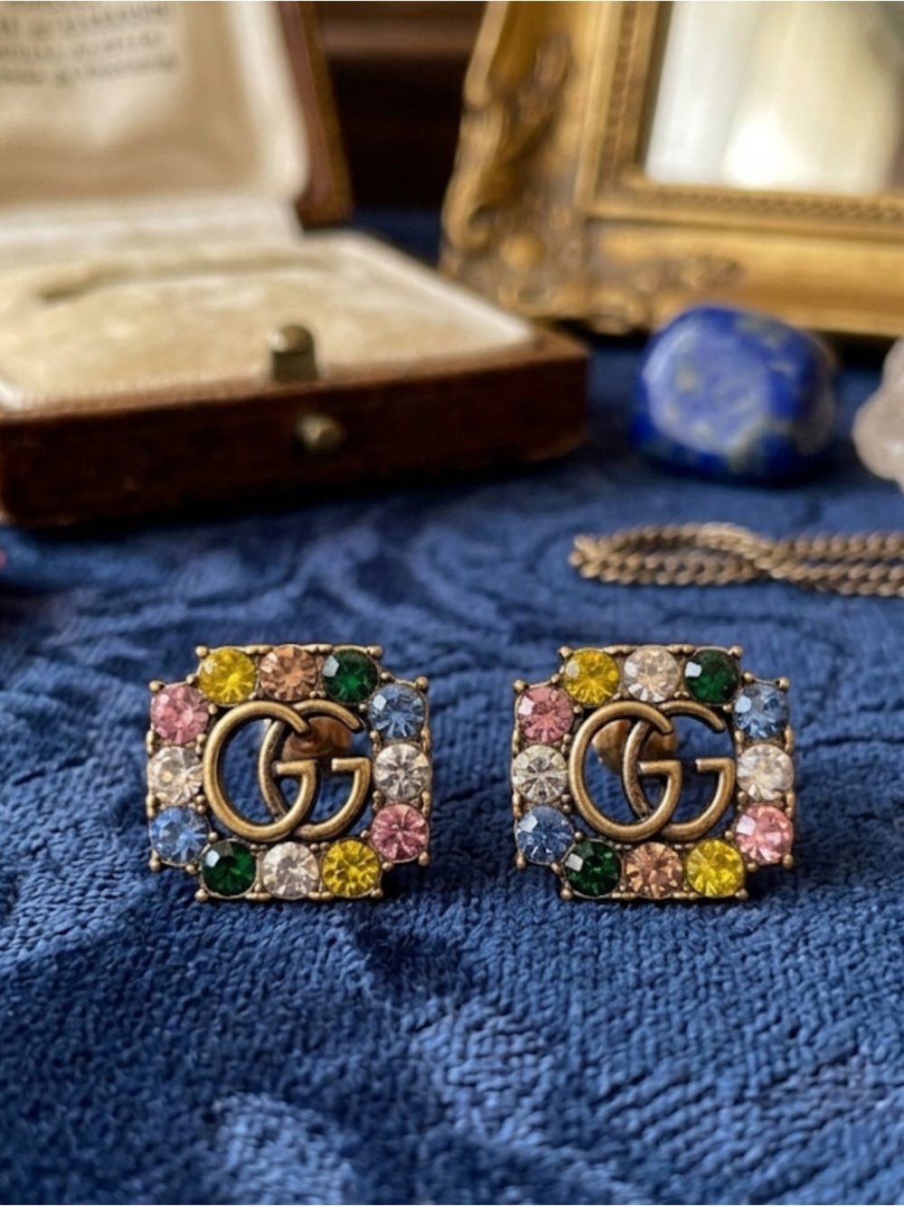 Gold-ToneCrystal Square Stud Earrings — Multicolor Gems